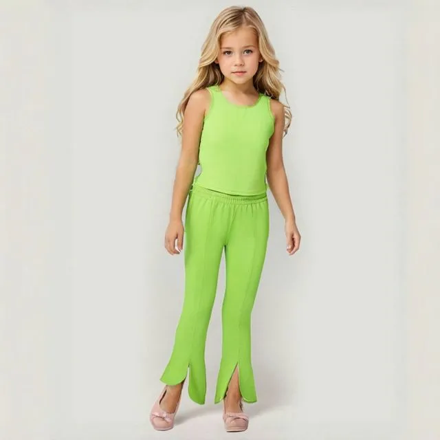 KIDS Lime Green Cutout Tank & Split-Hem Flare Pants Multi-sizes pack