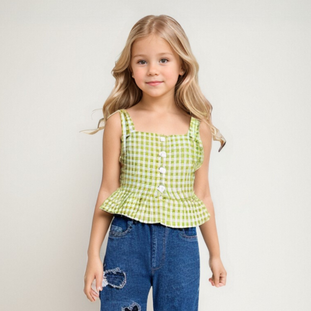 KIDS White & Green Gingham Button-Front Shoulder-Tie Tank Multi-sizes pack