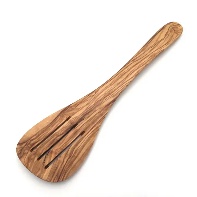 Spatula with three grooves/slots L. 33 cm made of olive wood
