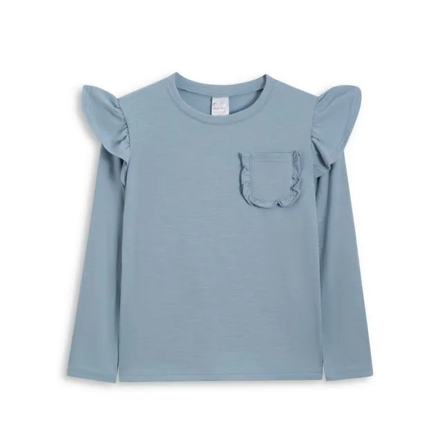 KIDS Light Blue Ruffle-Accent Pocket Long-Sleeve Top Multi-sizes pack