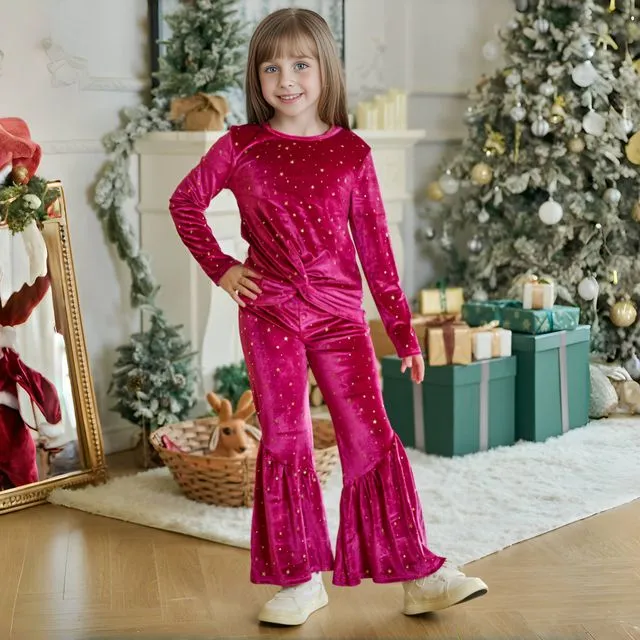 KIDS Rose Red & Gold Star Velvet Long-Sleeve Top & Flare Pants Set Multi-sizes pack