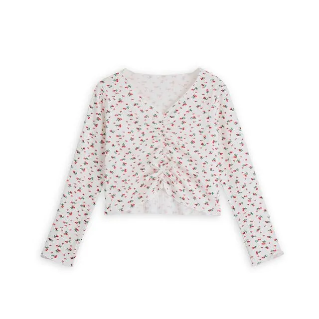 KIDS White & Red Ditsy Floral Drawstring Front Long-Sleeve Top