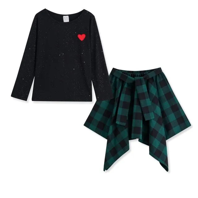 KIDS Black Tee & Heart Embroidery Long Sleeves Top & Green & Black Plaid Handkerchief Skirt Multi-sizes pack