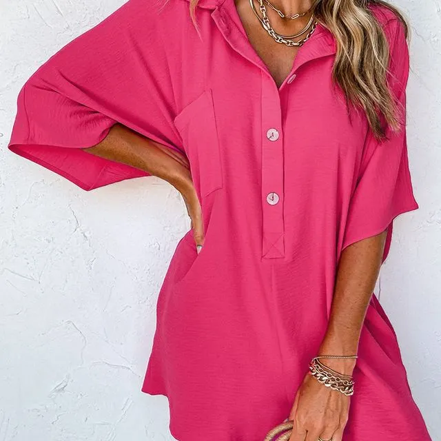 Half Button Collared Loose Romper - (GD8641306957 ~ PINK)