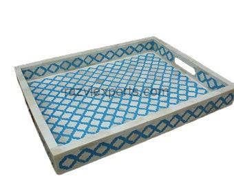 Bone Inay Tray With Handle Blue And White
