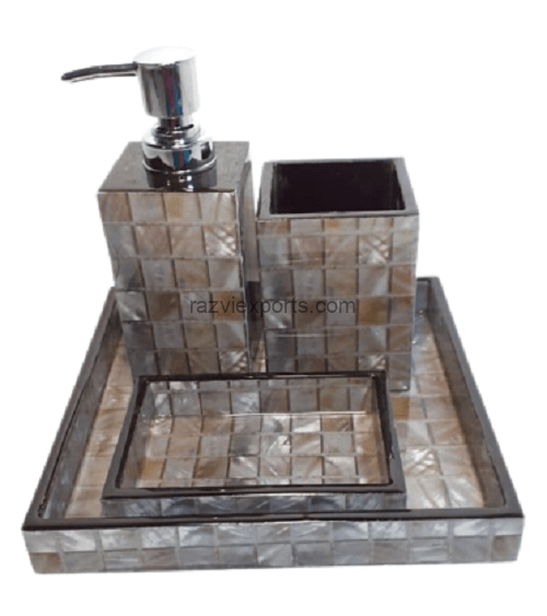 Mother Of Pearl Bathroom Tray Set With Dispenser And Box