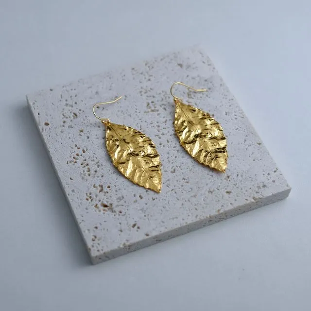 18K Gold Leaf Texture Dangle Earrings