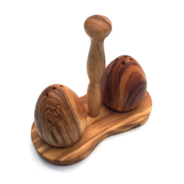 Salt shaker & pepper shaker with stand made of olive wood
