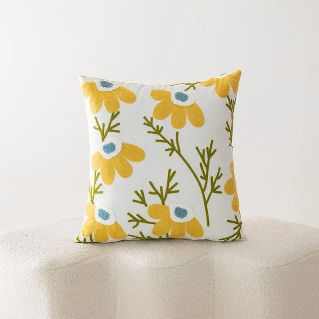 Simple home decoration cushion cover embroidered flower pillow cover - yellow daisies