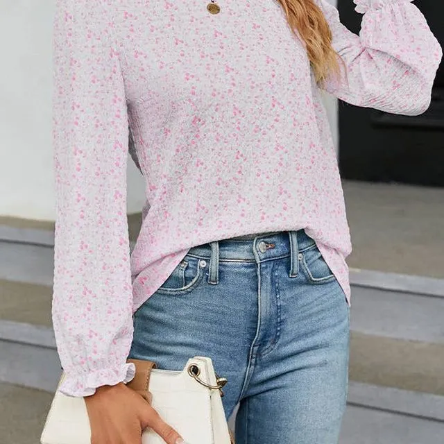 Pink Floral Print Puff Long Sleeves Top WZD028