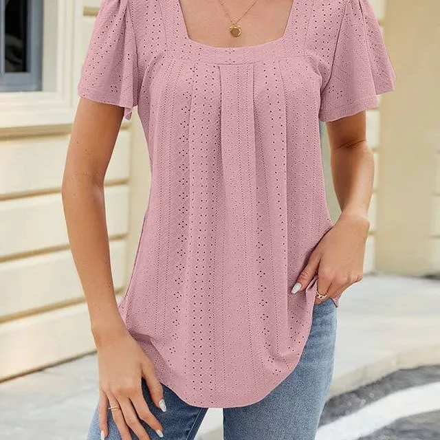 Pink Plain Eyelet Pattern Squre Neck Flare Sleeves Top WZD043