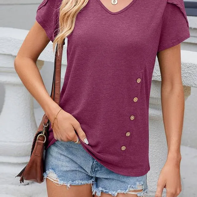 Wine Red Plain Side Button Turlip Sleeves Jersey Top WZD046