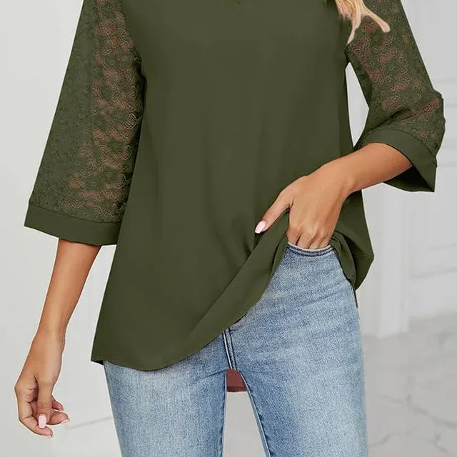 Army Green Plain V Neck Lace Sleeves Top WZD018