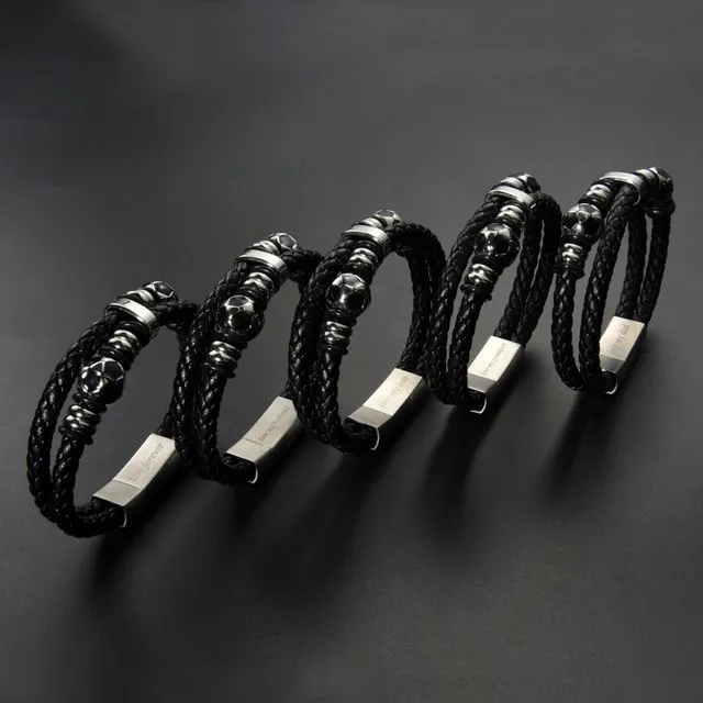 Stylish Men’s Black Leather Beads Bracelet In Football Pattern With Engraved Messages