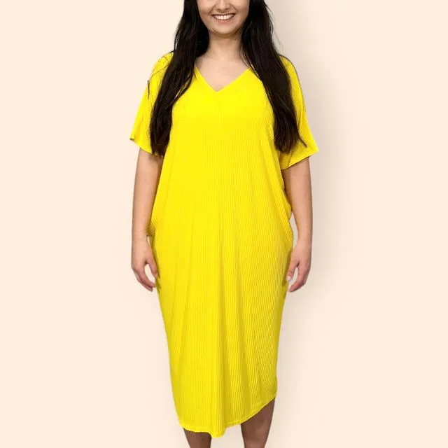 2082 - Yellow ComfyFit Ribbed Bat Wing Dress with V Neck