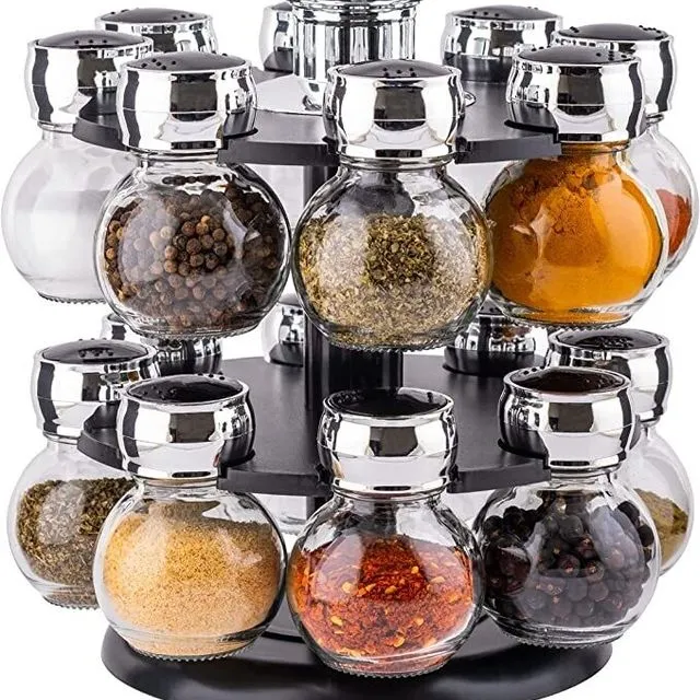 16 Jar Revolving Spice Rack with Glass Bottles - Rotating for Herbs and Spices