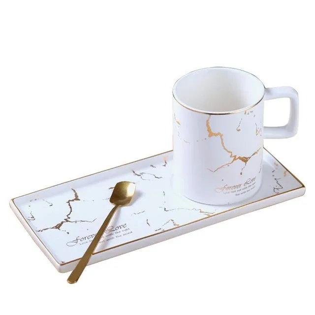 Marble Ceramic Tea Cup Set mug and saucer sets with spoon 270ml