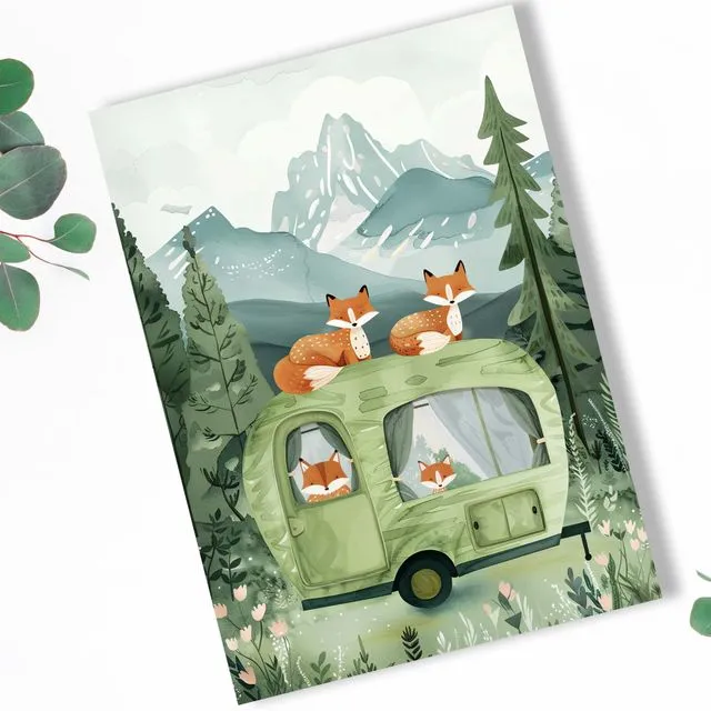 Fox Family Housewarming Card | Cute Foxes in Caravan Greeting Card | New Home Card | Traveling Foxes Card | Moving House Card