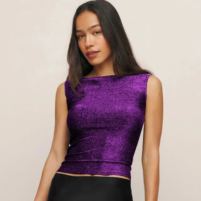 Solid Color Sleeveless Stretch Glitter Vests - PURPLE