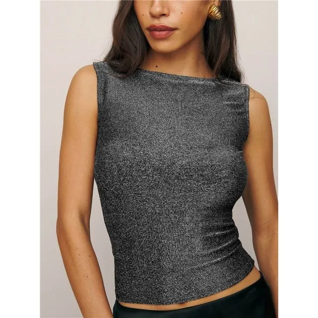 Solid Color Sleeveless Stretch Glitter Vests - SILVERY