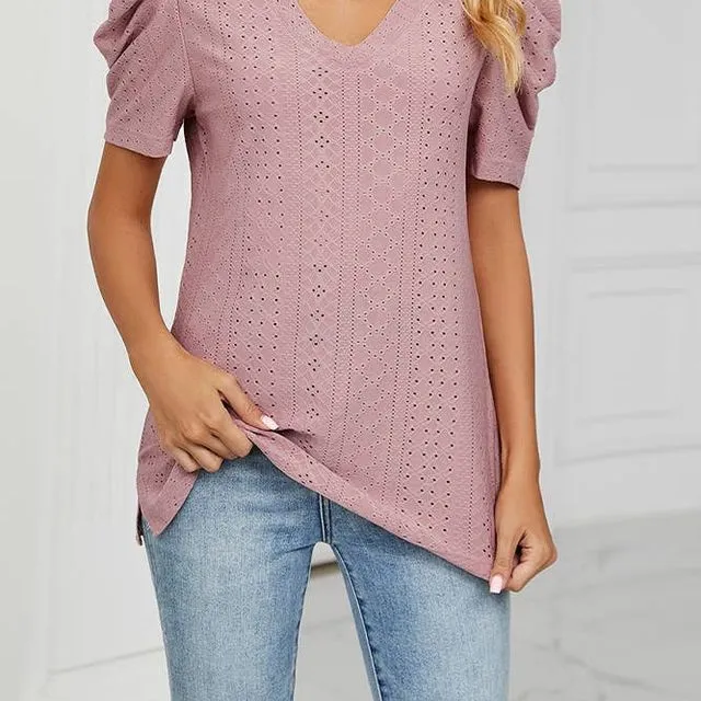 Pink V Neck Hollow Out Short Sleeves Top WZD006