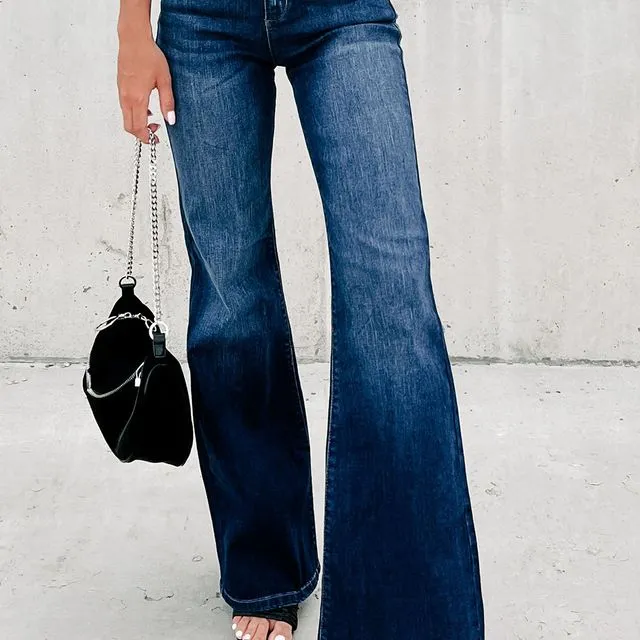 Blue Buttons Elastic Wide Waistband Back Flare Jeans (Copy)