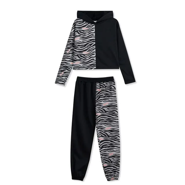 KIDS Black & Zebra Print-Contrast Hoodie & Joggers Multi-sizes pack
