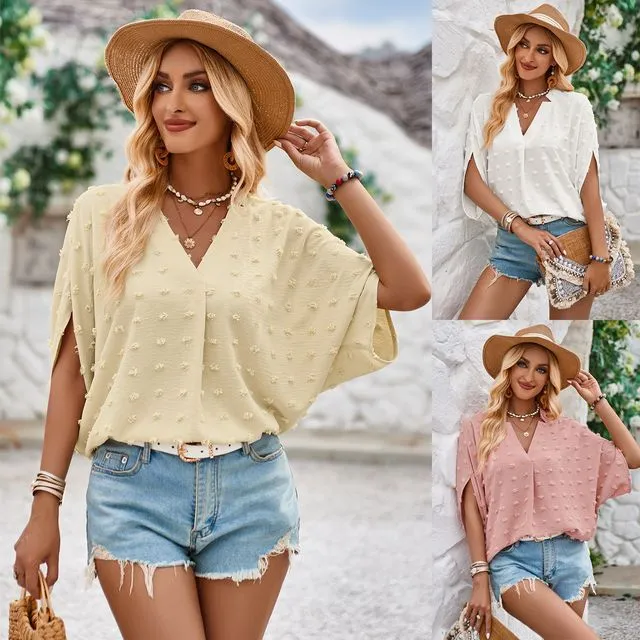 Solid Color Loose V-neck Hairball Top
