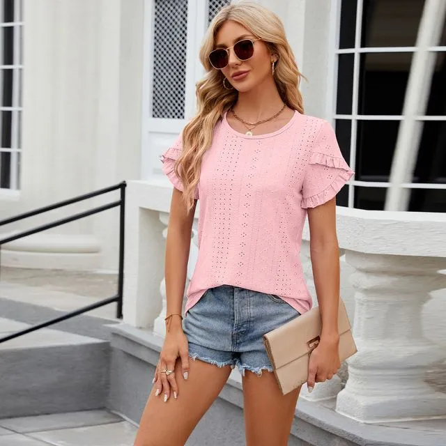 Summer solid color round neck petal sleeve short sleeve hollow t-shirt top - pink