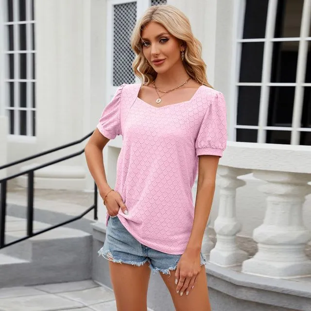 Solid color V-neck puff sleeve short-sleeved loose T-shirt top - pink