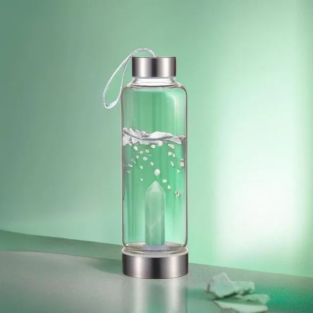 Premium Quality Quartz glass water bottle, transparent water bottle, gemstone center inlaid obelisk, magic wand