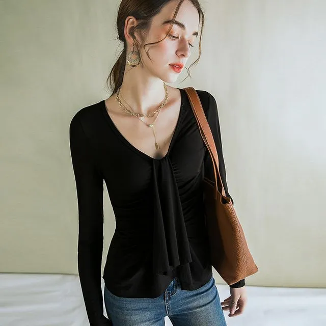V-Neck Blouse With Waisted Design And Long Sleeves-BLACK