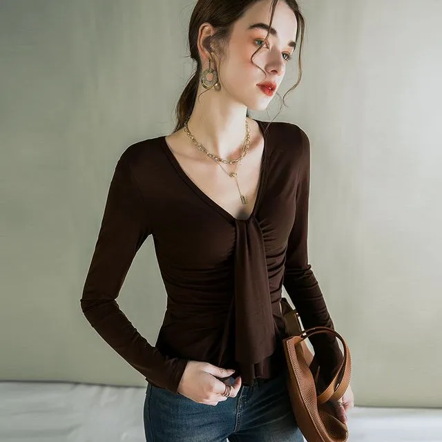 V-Neck Blouse With Waisted Design And Long Sleeves-COFFEE
