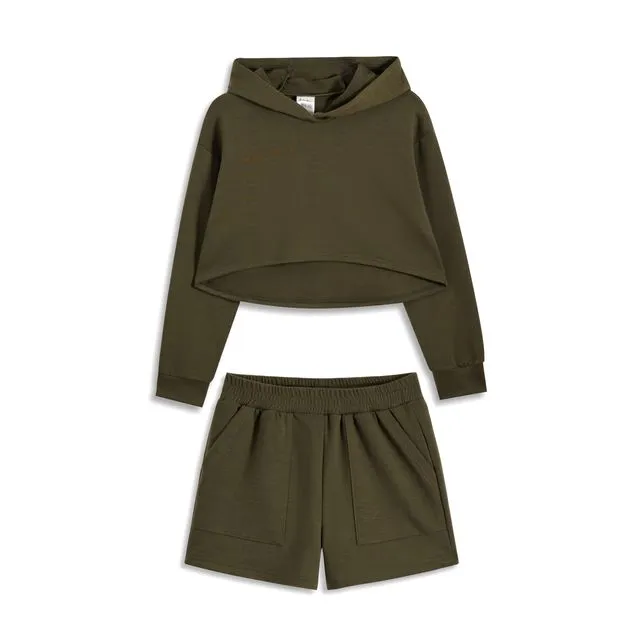 KIDS Green High Low Hem Long Sleeves Hoodie & Paperbag Shorts Multi-sizes pack