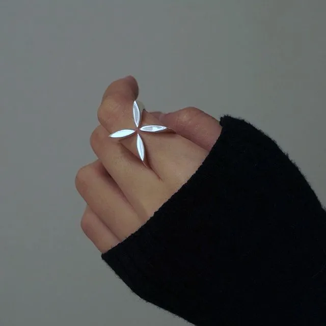 Minimalist Cross Flower Ring-Sterling Silver-Adjustable