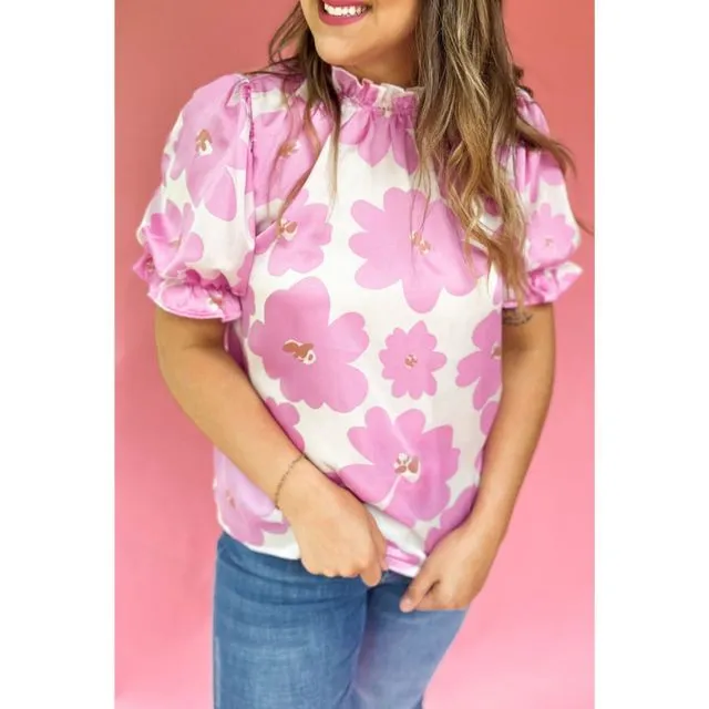 Purple Floral Ruffled Mock Neck Puff Sleeve Plus Size Blouse