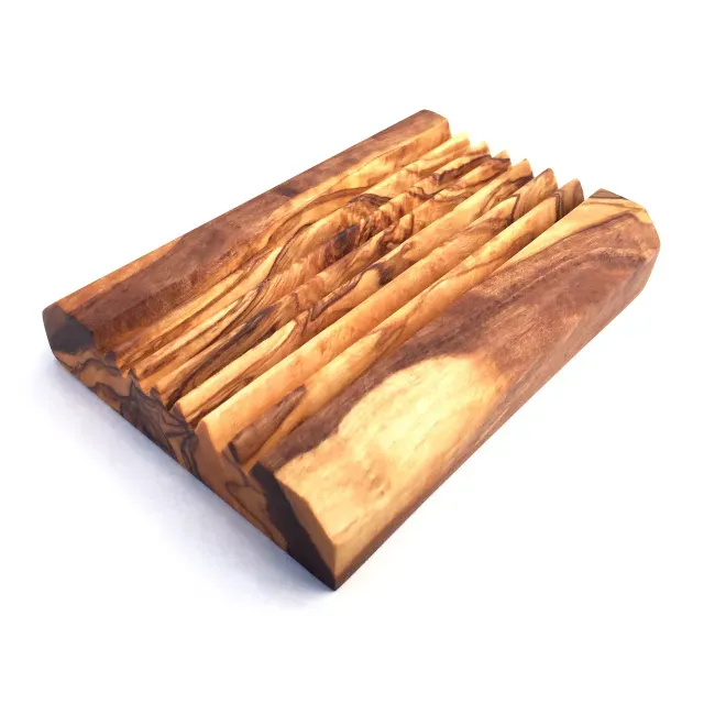 Rectangular soap dish with grooves made of olive wood