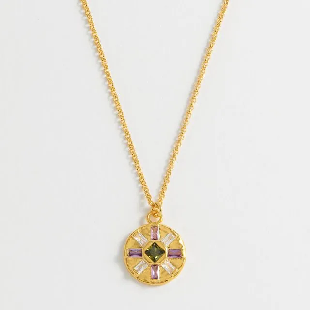 Purple And Green Baguette Hammered Disc Necklace - Gold Plated