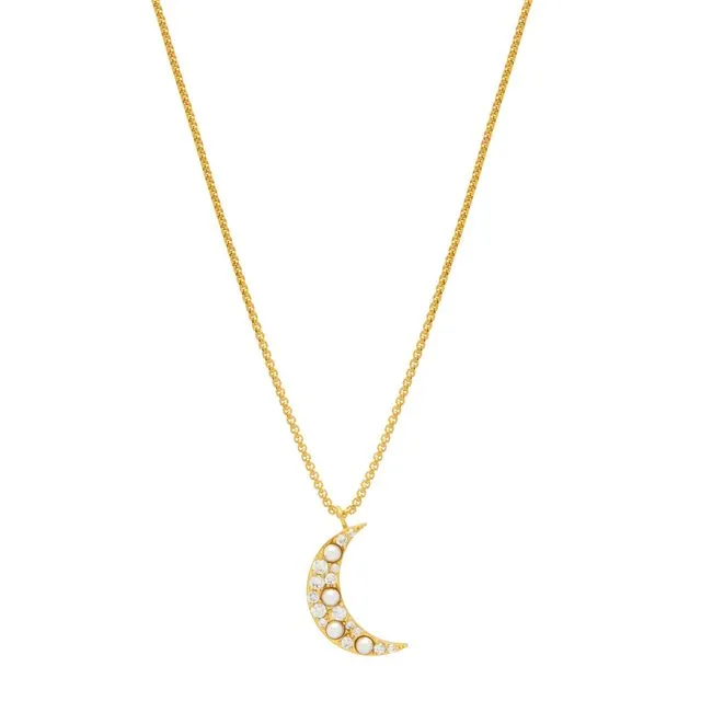 Mix Pearl And Cz Moon Necklace - Gold Plated