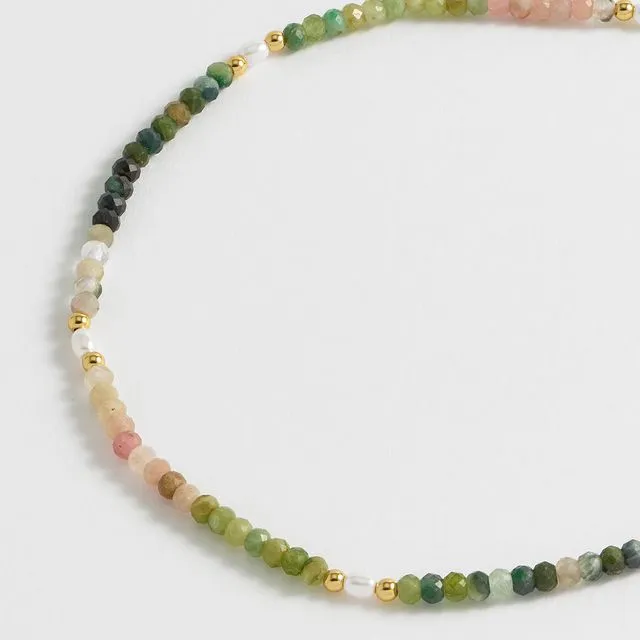 Watermelon Tourmaline And Pearl Necklace - Gold Plated