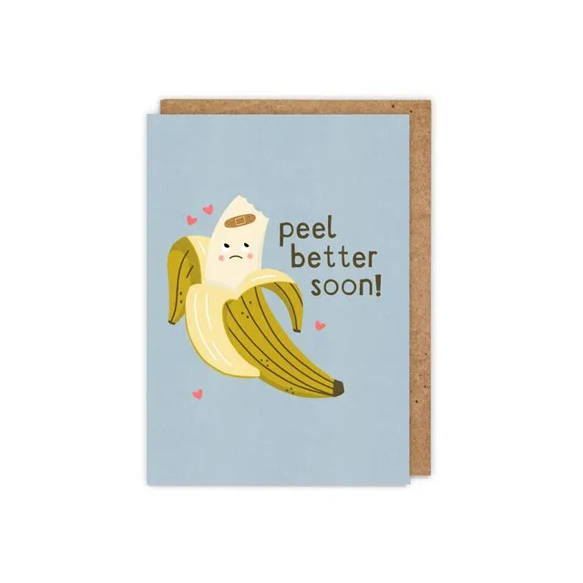 Peel Better Soon Punny illustrated banana get well soon card