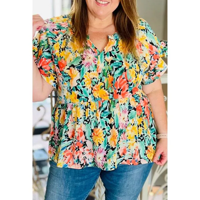 Multicolor Plus Size Ruffled Short Sleeve Floral Blouse