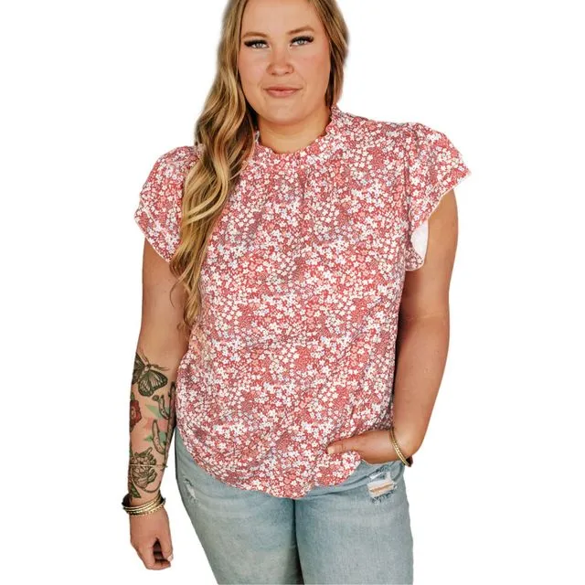 Pink Plus Size Floral Print Ruffled Sleeve Frilled Neck Blouse