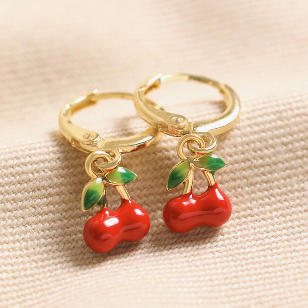 72276 - Enamel Red Cherry Charm Huggie Hoop Earrings in Gold