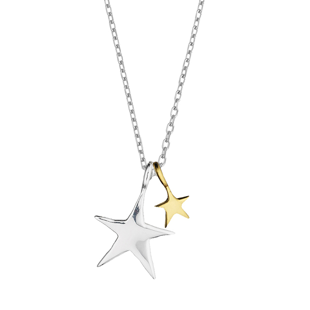 Two Tone Double Star Necklace - Silver Plated - BRIGHT STAR