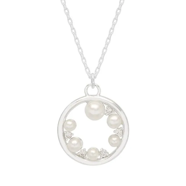 Circle Pearl And CZ Necklace - Silver Plated - ONE OF A KIND