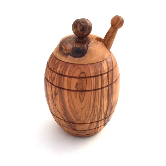 XL honey pot with honey dipper made from olive wood