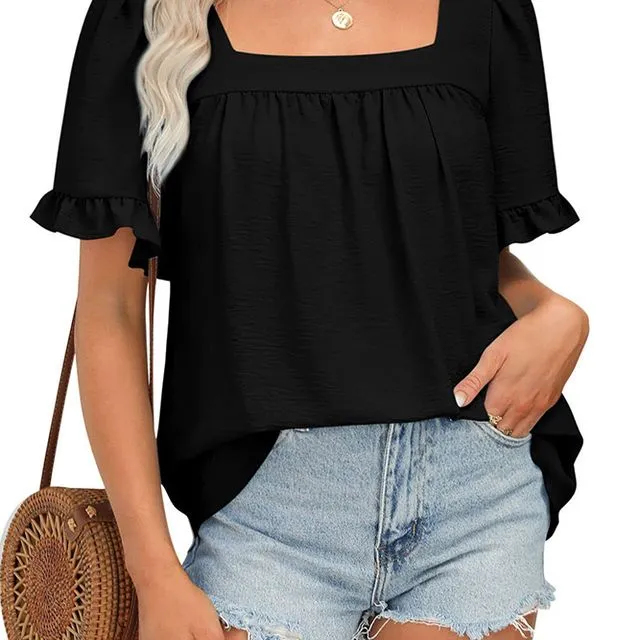 Black Square Neck Short Sleeves Pleated Blouse MD059