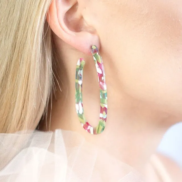 Pink and Green U Shaped Hoop Earrings