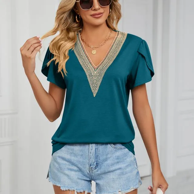 Women's T-Shirt Short Sleeves Lace Collar and V-Neck Comfortable Tee Shirt Top-Peacock Blue